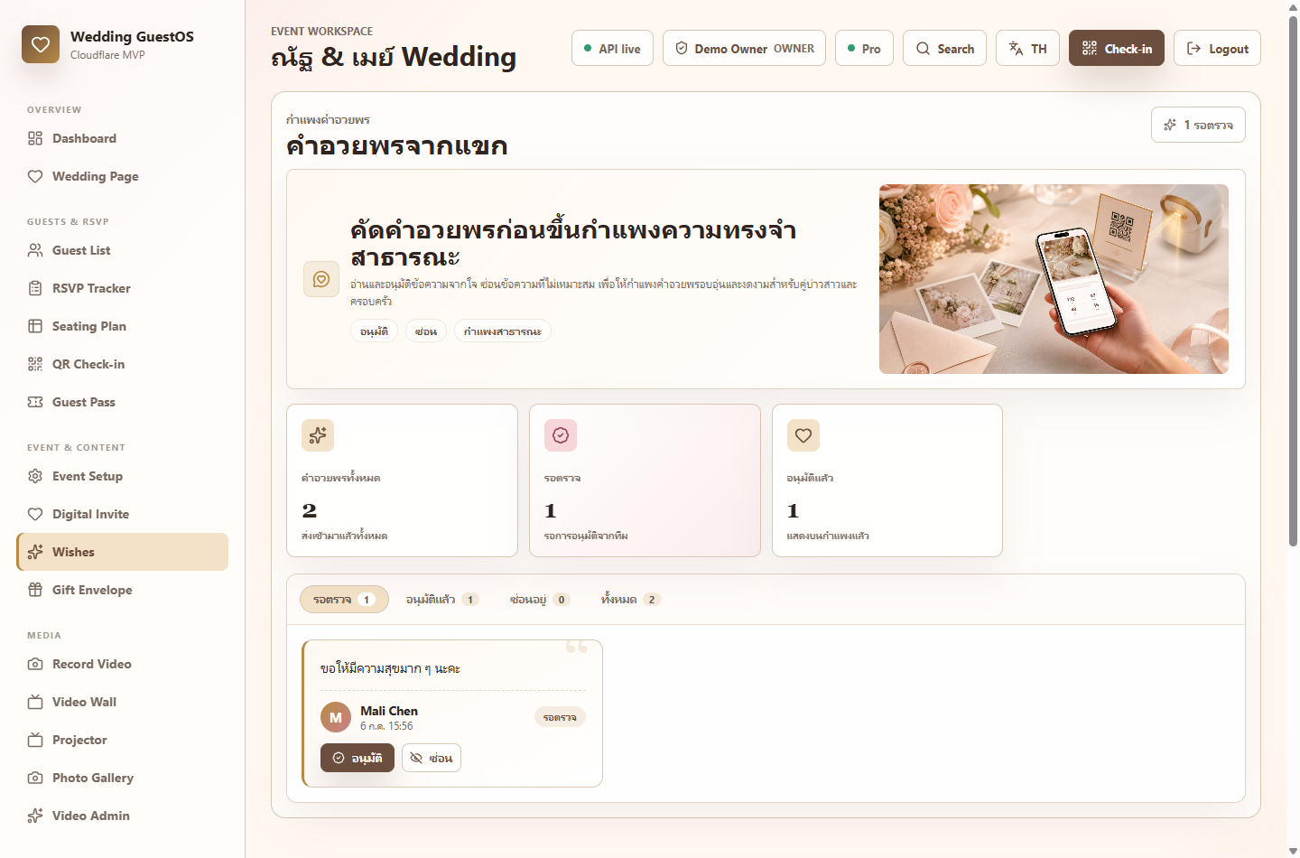 คำอวยพรแนบมากับคำตอบ — ภาพจริงจากระบบ Wedding GuestOS